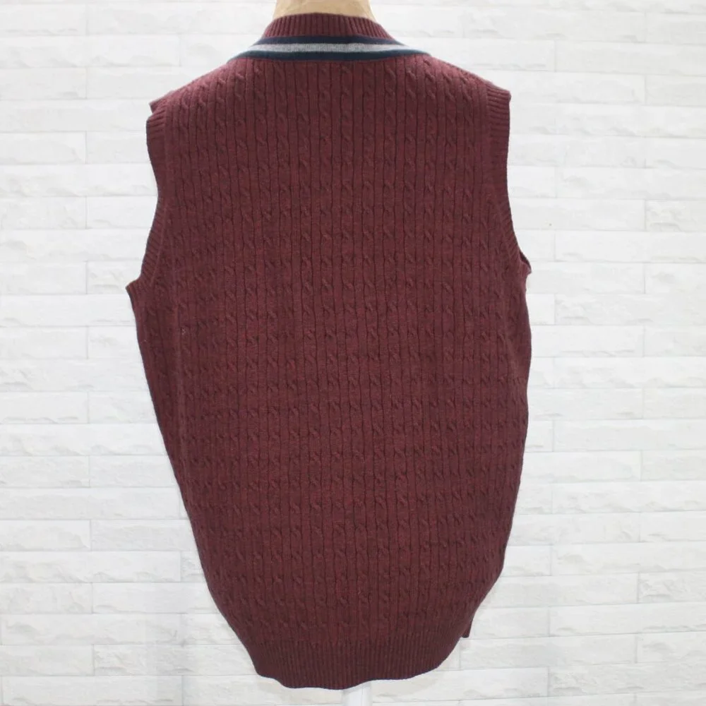 ROUNDTREE & YORKE Vest Knit Wool Blend Cable Stitch Striped V-Neck Burgundy M